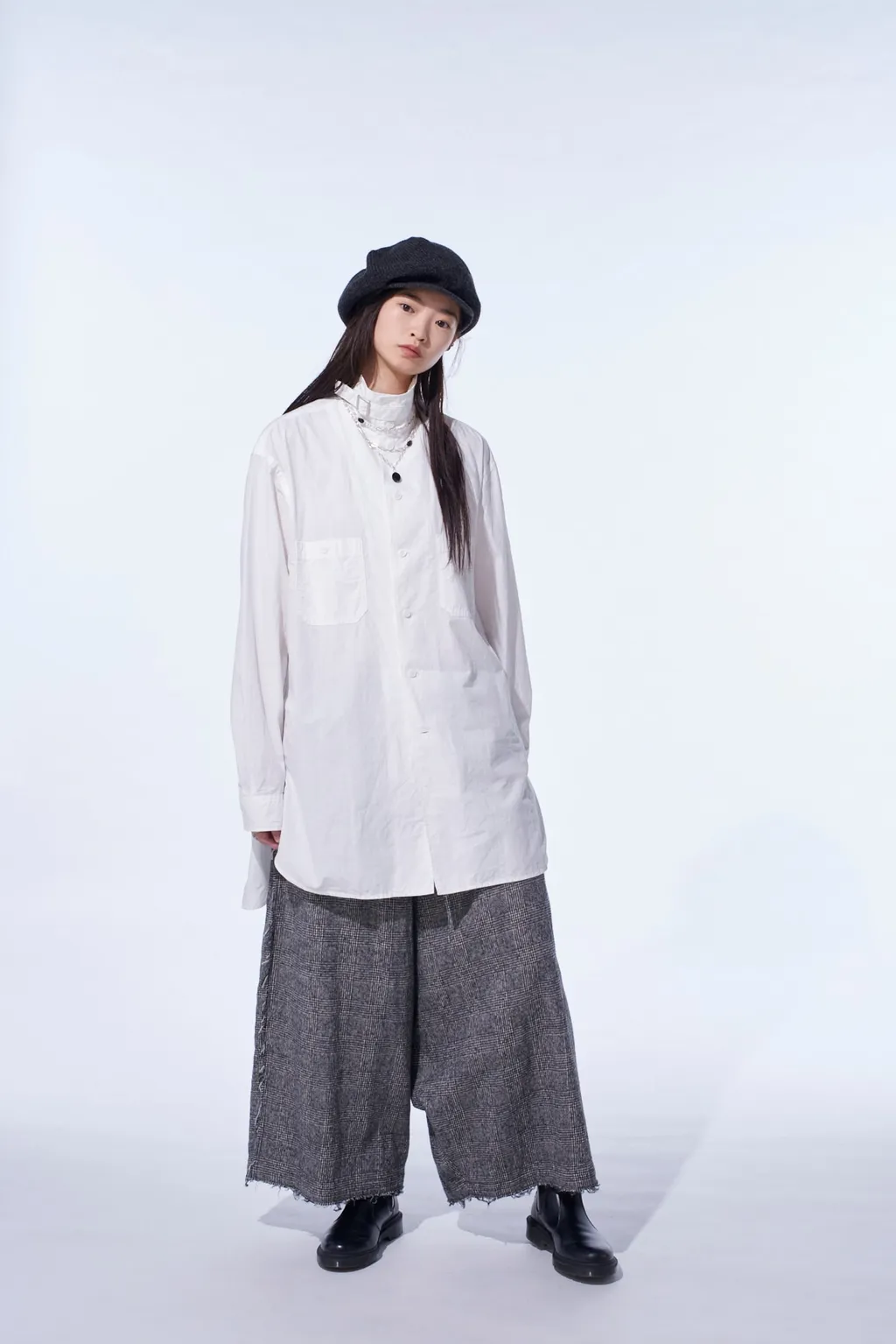 Glen Check Raw Edge Wide Sarouel Pants