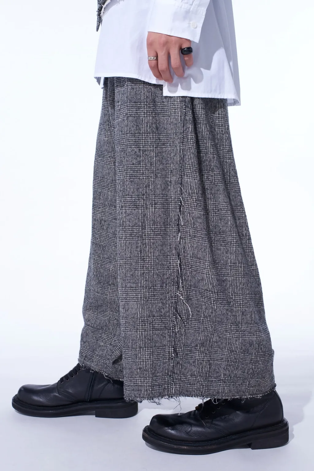 Glen Check Raw Edge Wide Sarouel Pants