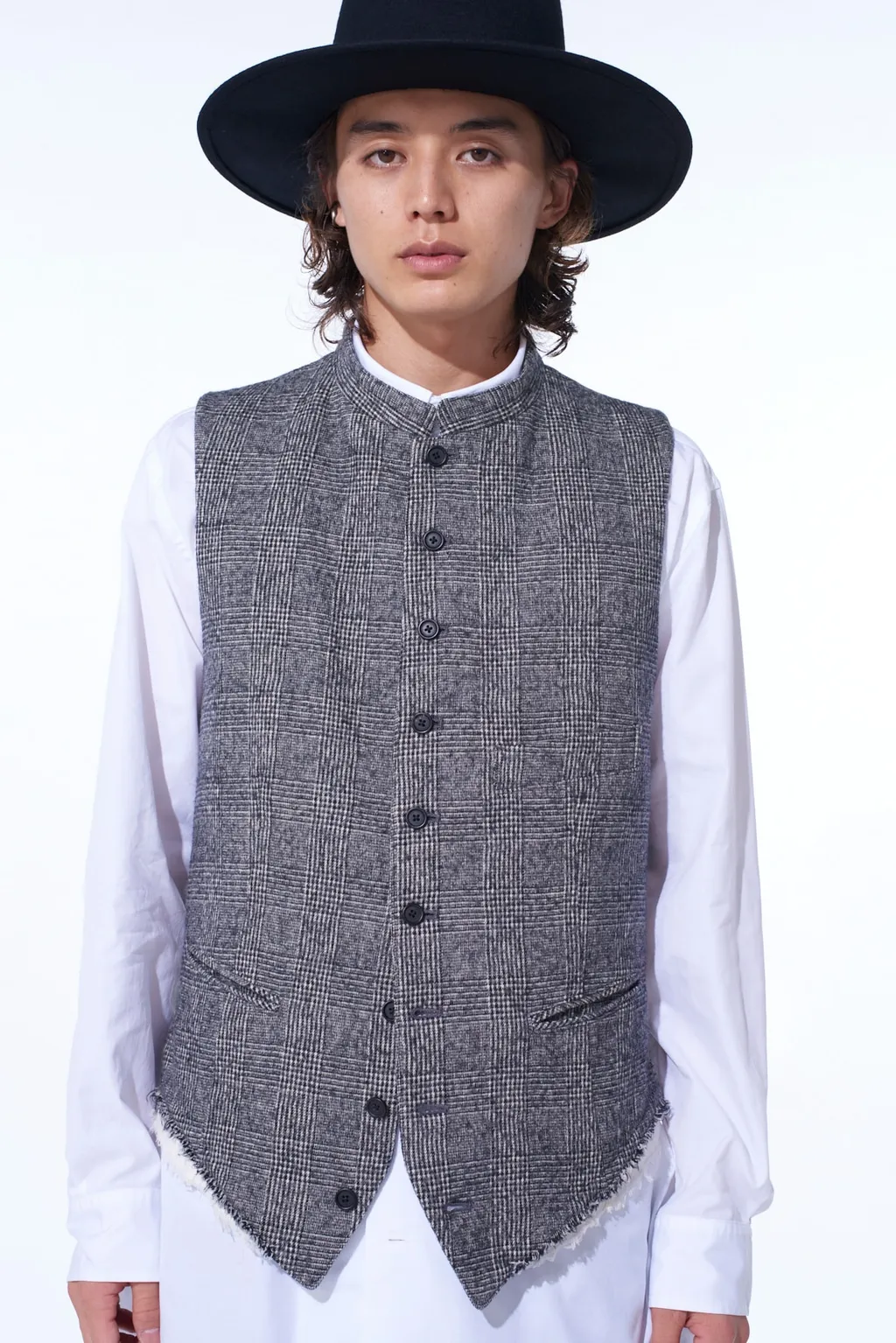Glen Check Cut-Out Hem Stand Collar Vest