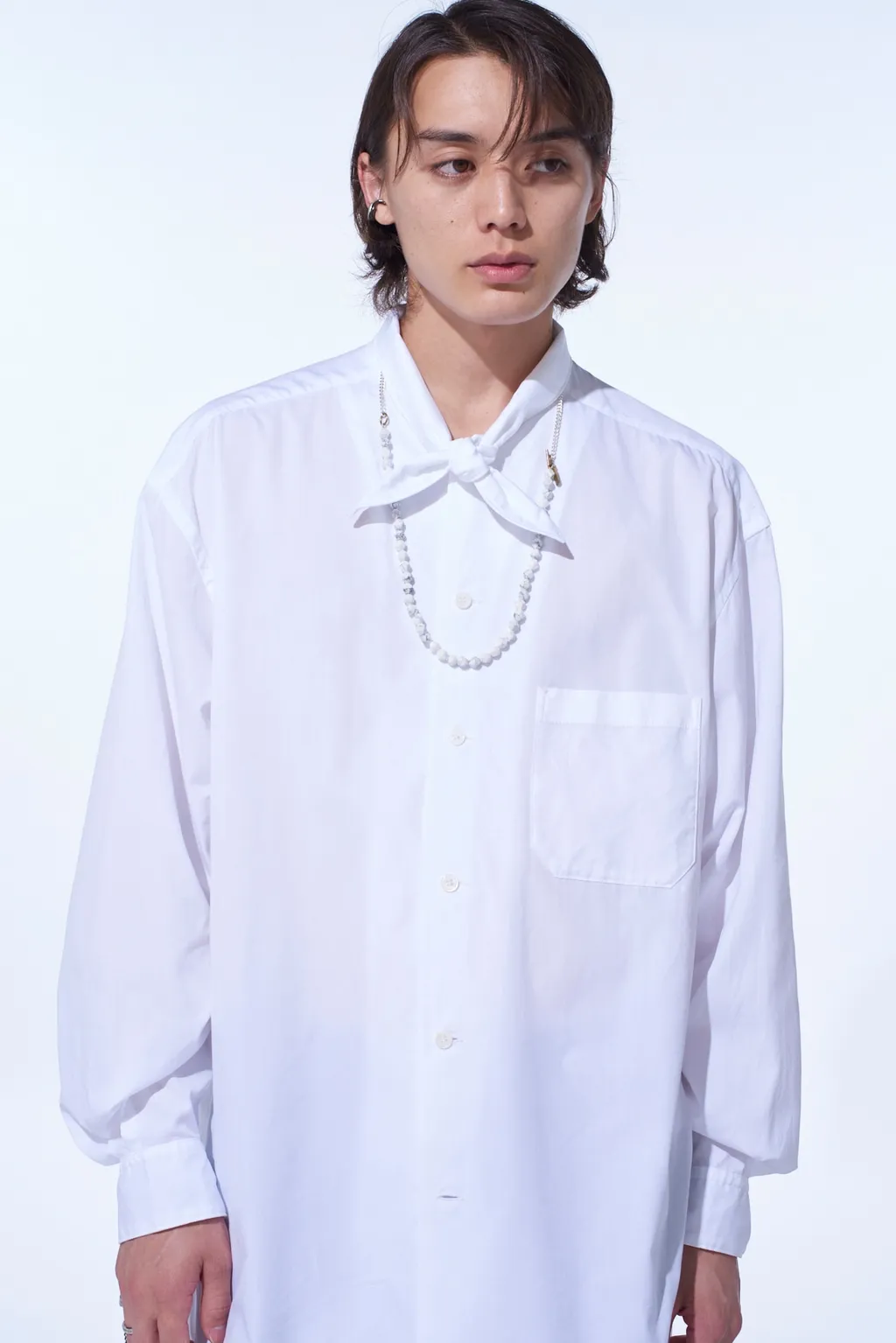 Cotton Broad Ribbon Collar Shirt