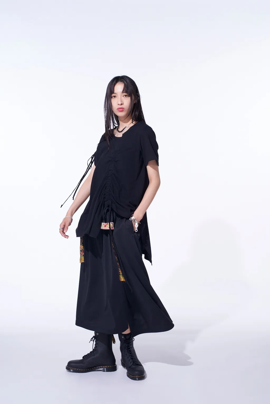 Pe/Smooth Jersey Waist-String Gathered Skirt With Tyrolean Tapes