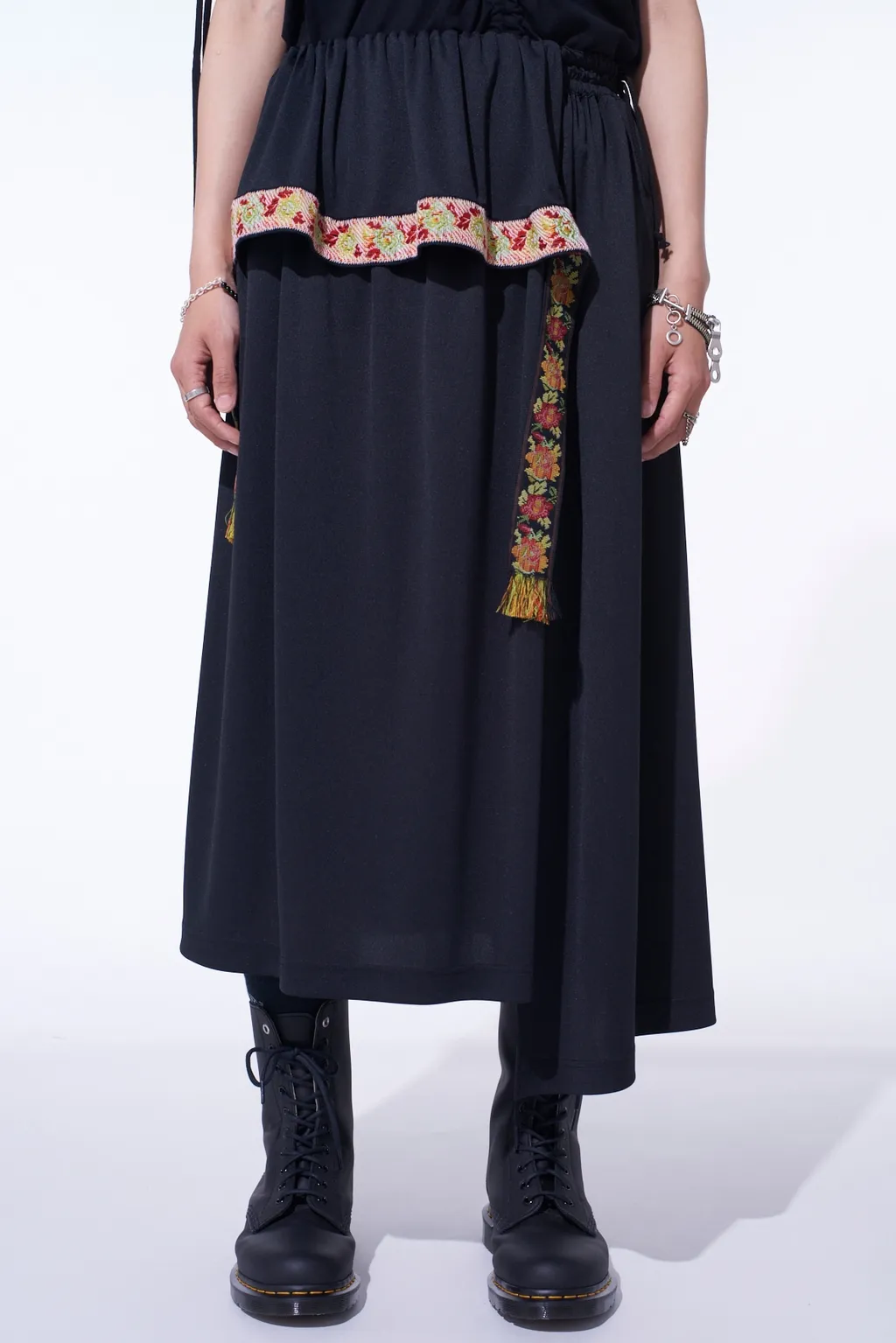 Pe/Smooth Jersey Waist-String Gathered Skirt With Tyrolean Tapes