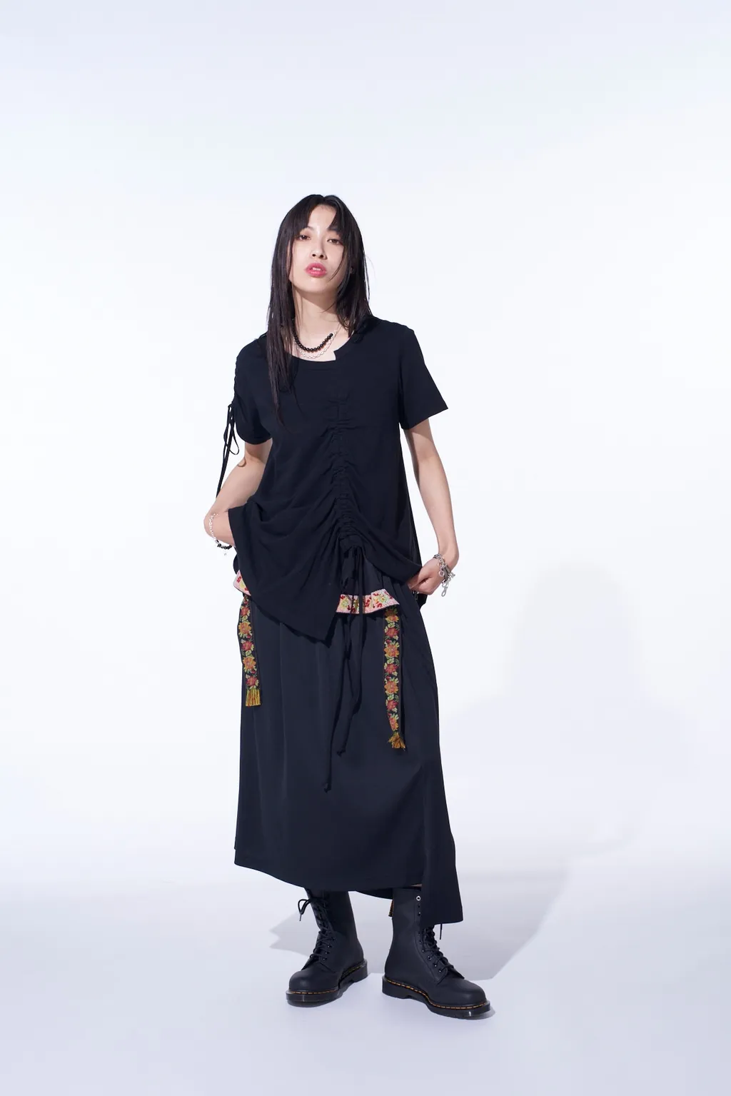 Pe/Smooth Jersey Waist-String Gathered Skirt With Tyrolean Tapes