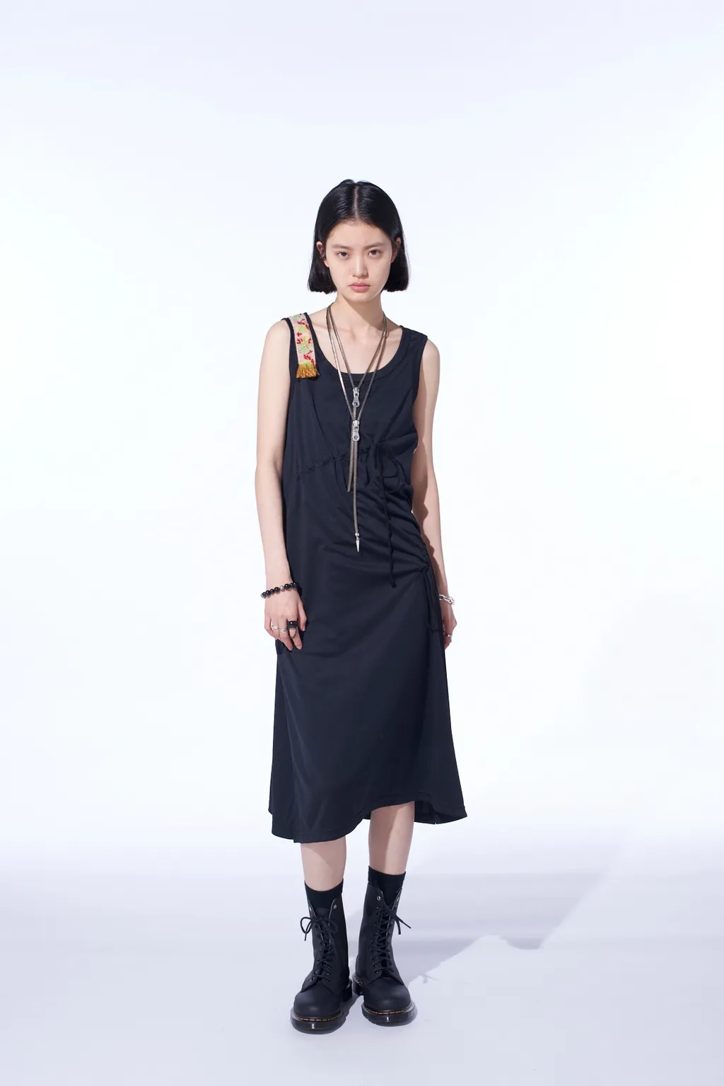 Pe/Smooth Jersey Strings Gathered Dress With Tyrolean Tapes