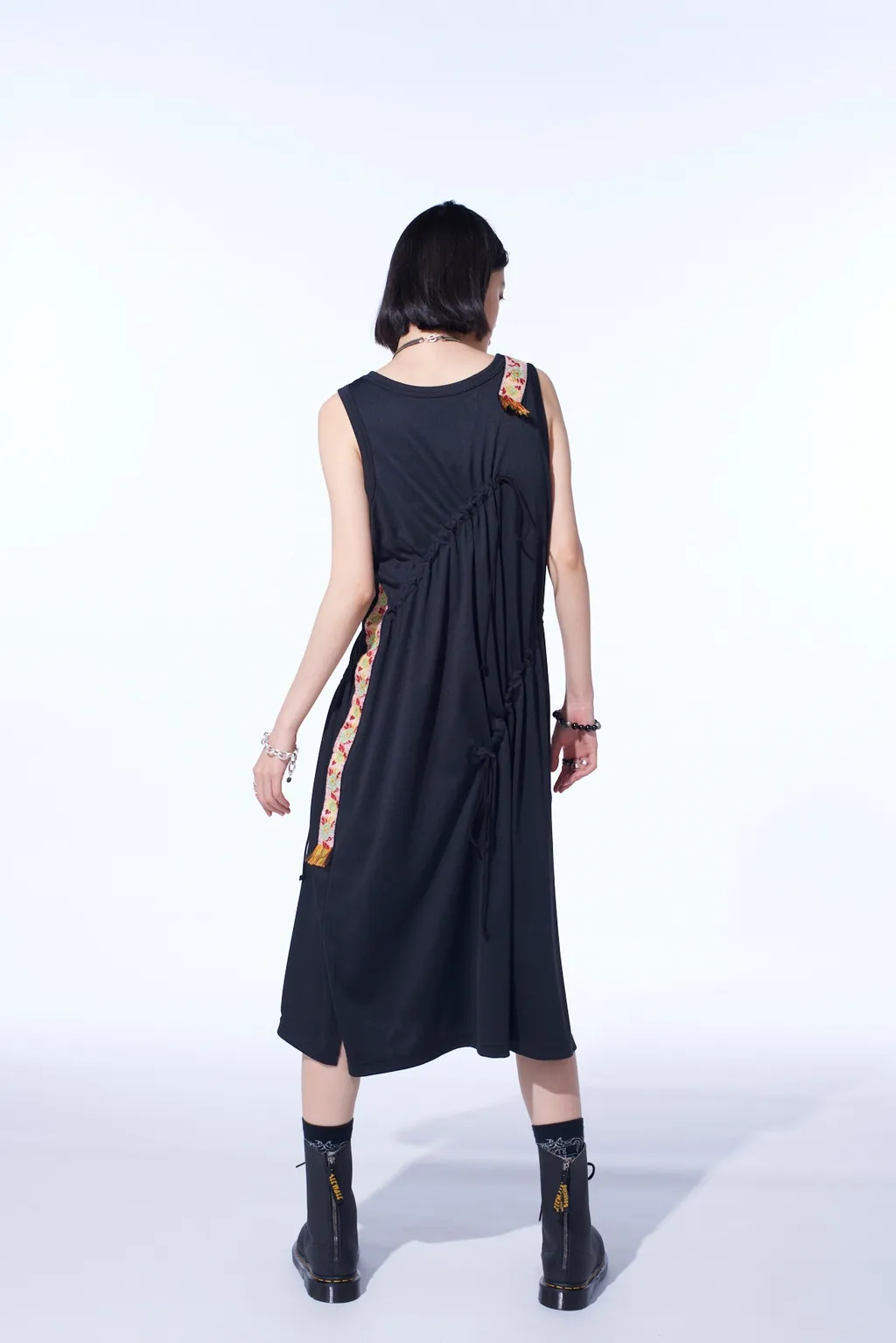 Pe/Smooth Jersey Strings Gathered Dress With Tyrolean Tapes