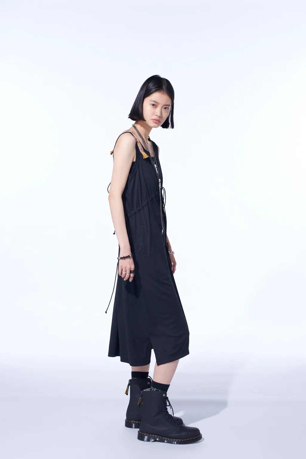 Pe/Smooth Jersey Strings Gathered Dress With Tyrolean Tapes
