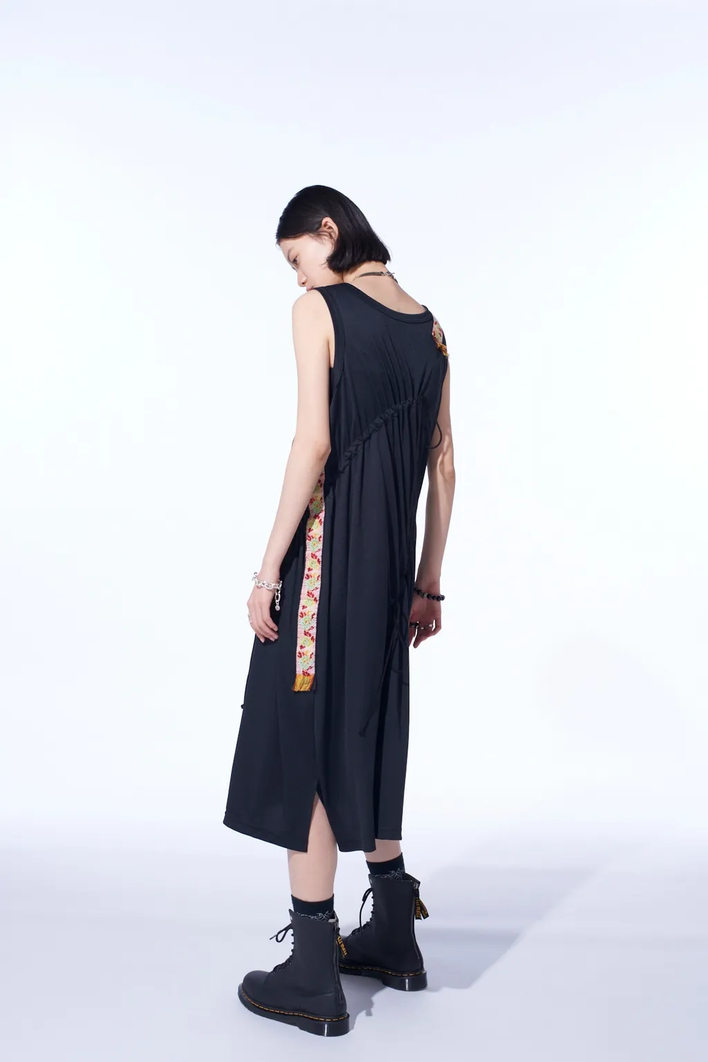 Pe/Smooth Jersey Strings Gathered Dress With Tyrolean Tapes