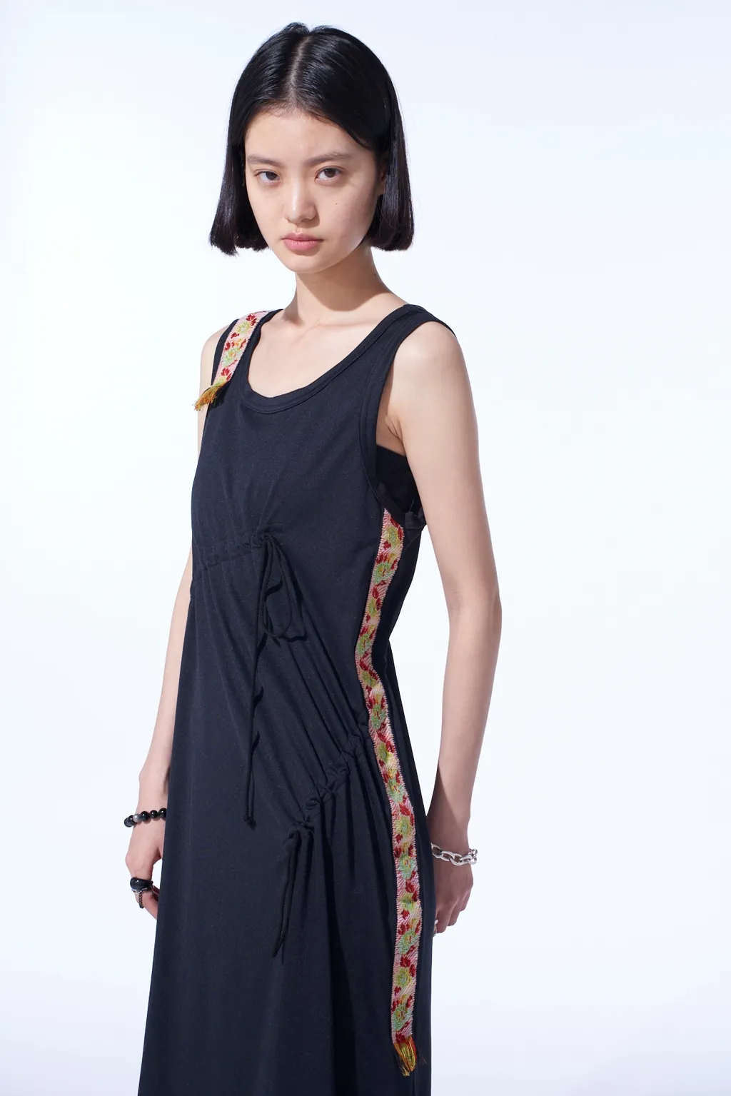 Pe/Smooth Jersey Strings Gathered Dress With Tyrolean Tapes