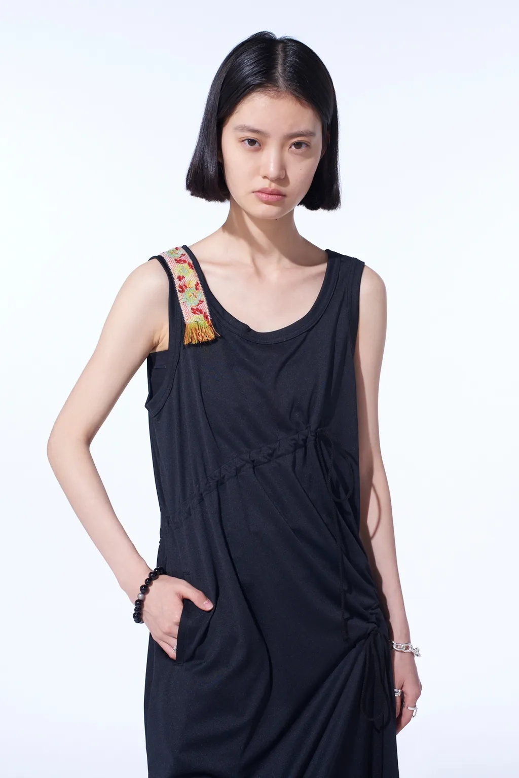 Pe/Smooth Jersey Strings Gathered Dress With Tyrolean Tapes