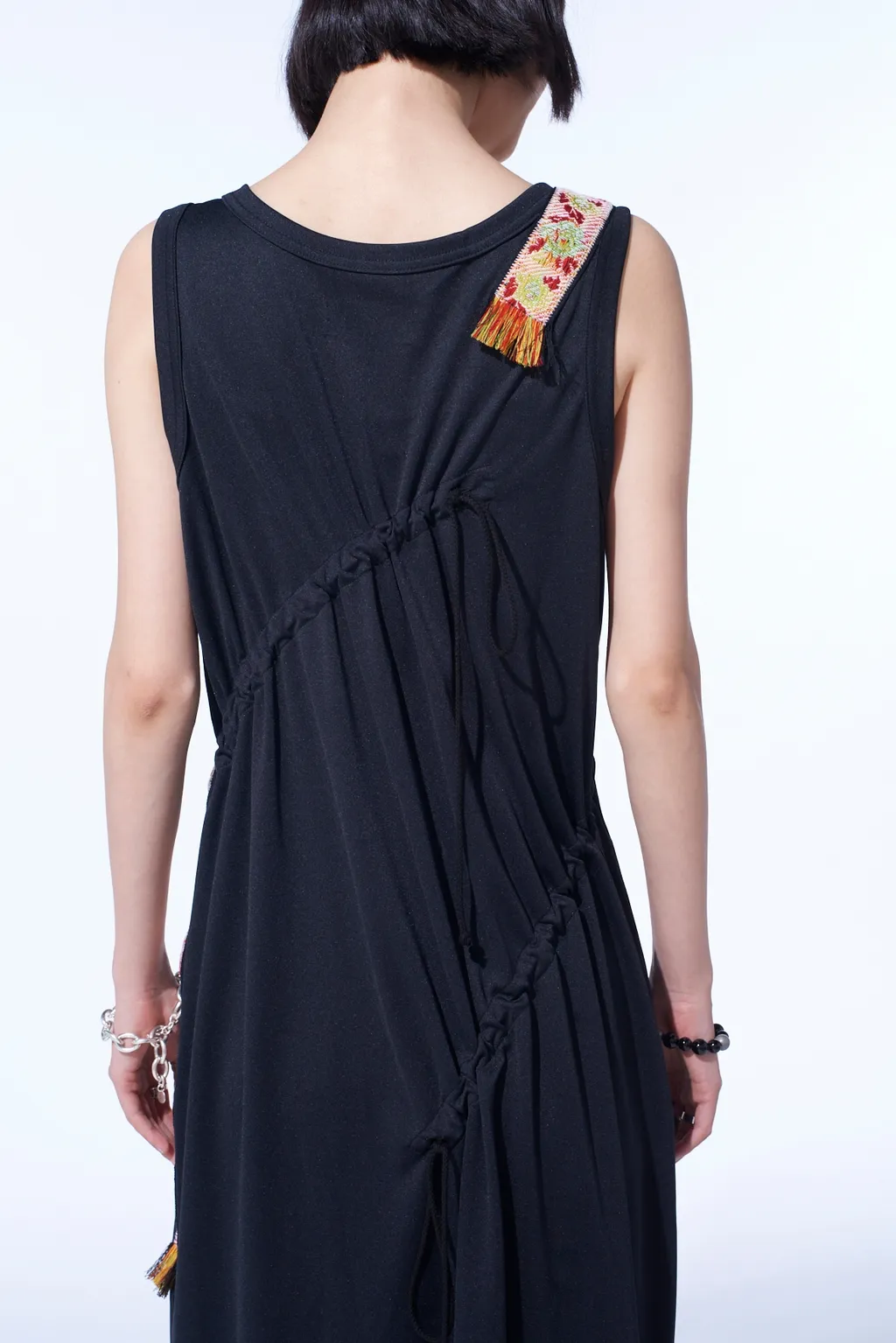 Pe/Smooth Jersey Strings Gathered Dress With Tyrolean Tapes