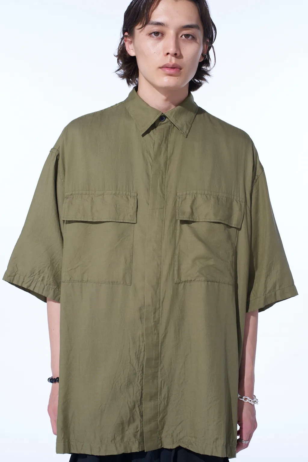 Cotton/Cellulose Broad Flap Pockets Oversized Short-Sleeve Shirt