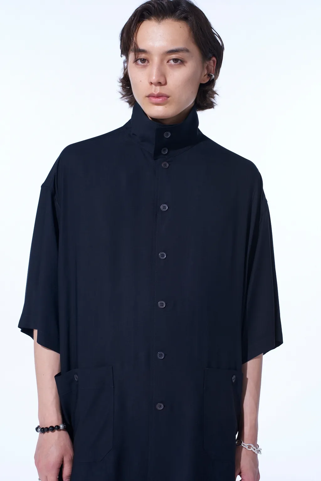 Rayon Twill Oversized Stand Collar Shirt