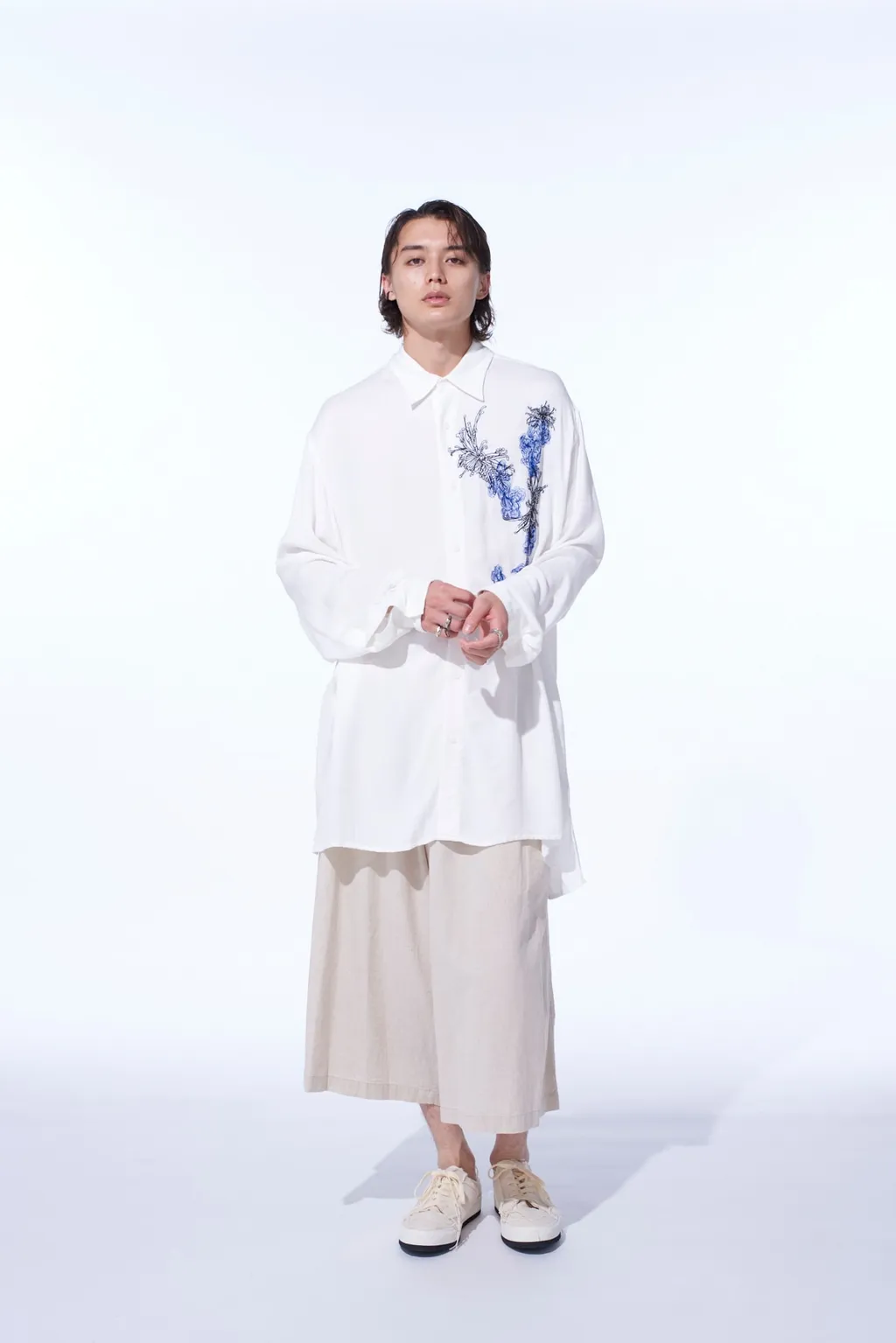 Viscose Twill Chrysanthemum Embroidery Oversized Shirt