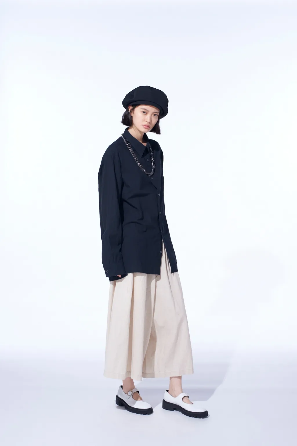 Cotton/Linen Poplin Loose-Fit Regular Collar Shirt