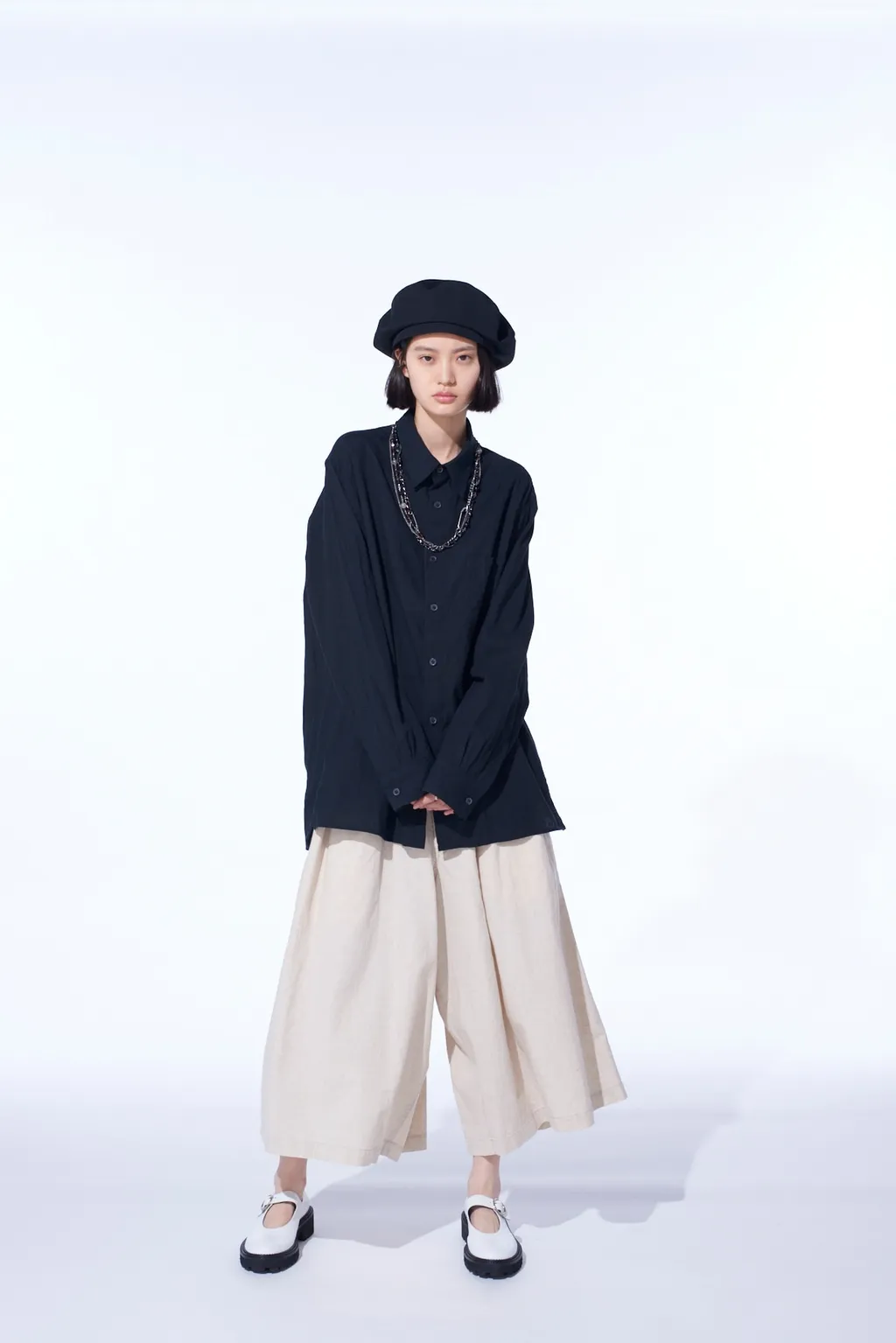 Cotton/Linen Poplin Loose-Fit Regular Collar Shirt