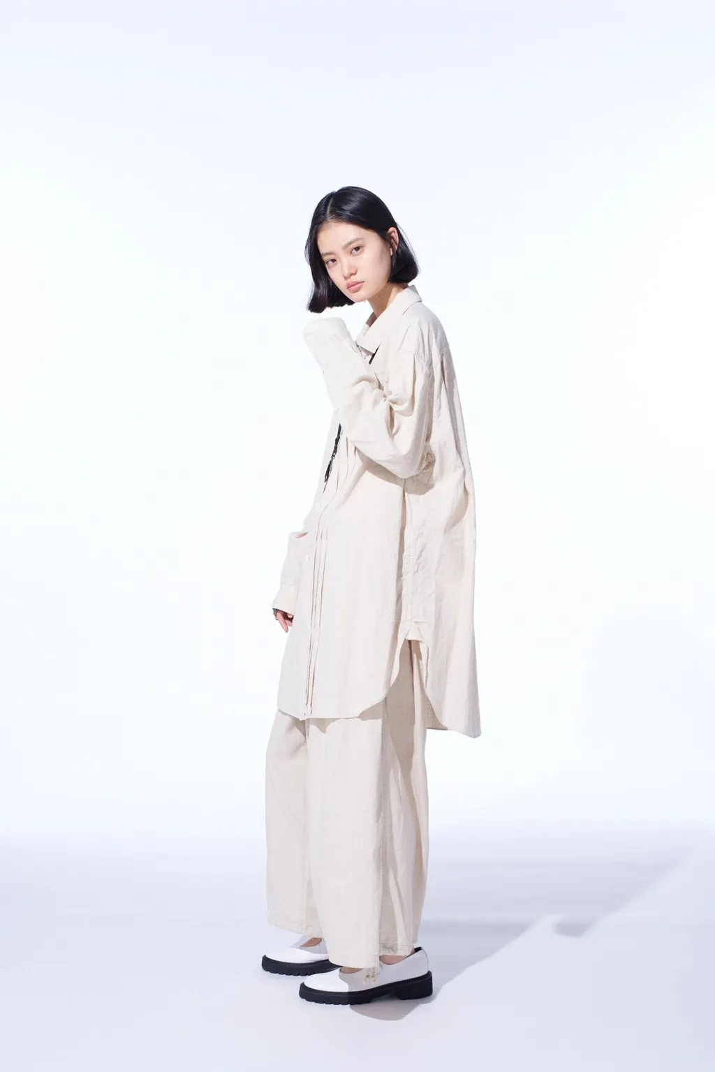 Cotton/Linen Poplin Pleated Oversize Shirt