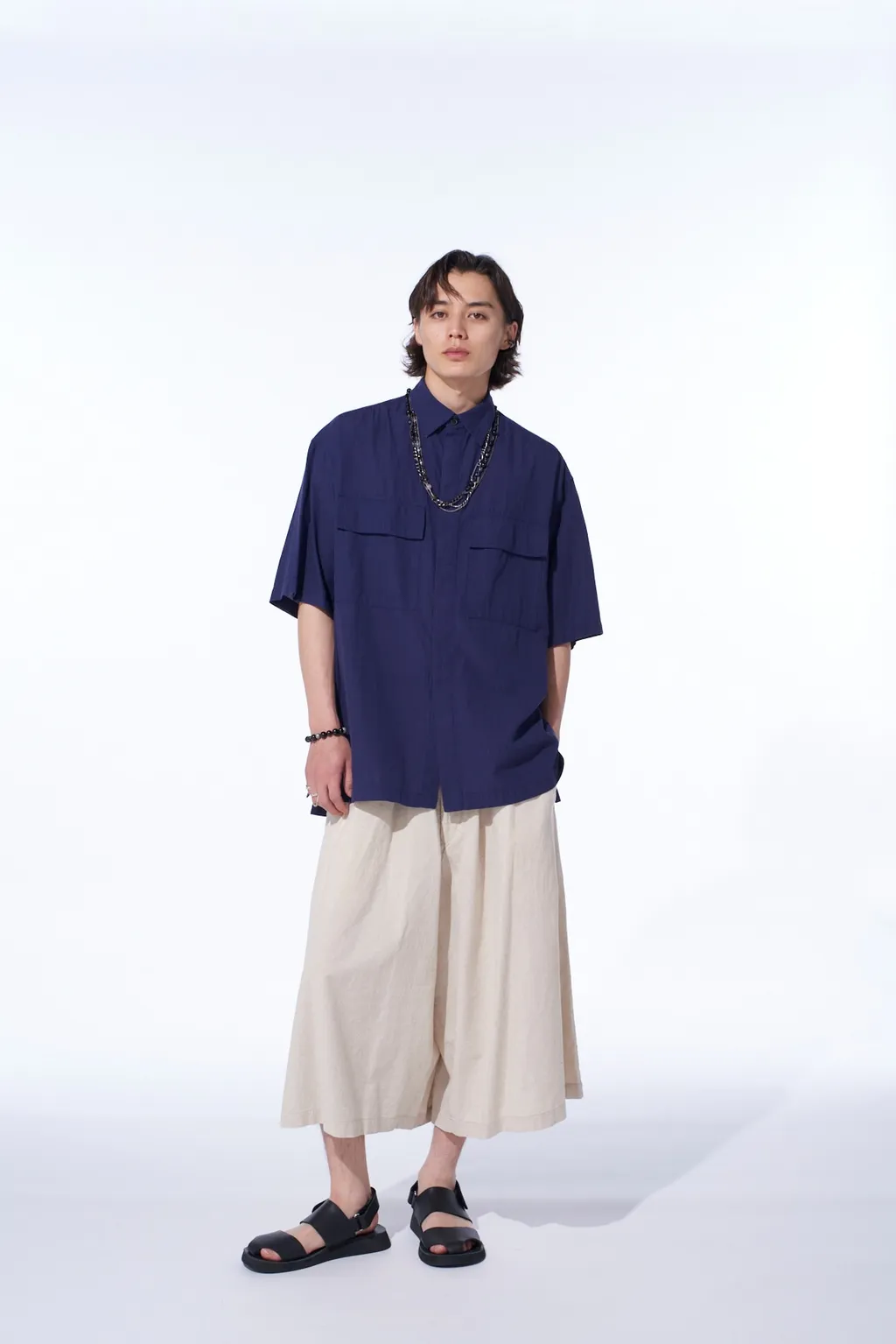 Broadcloth Chambray Flap Pockets Oversized Short-Sleeve Shirt