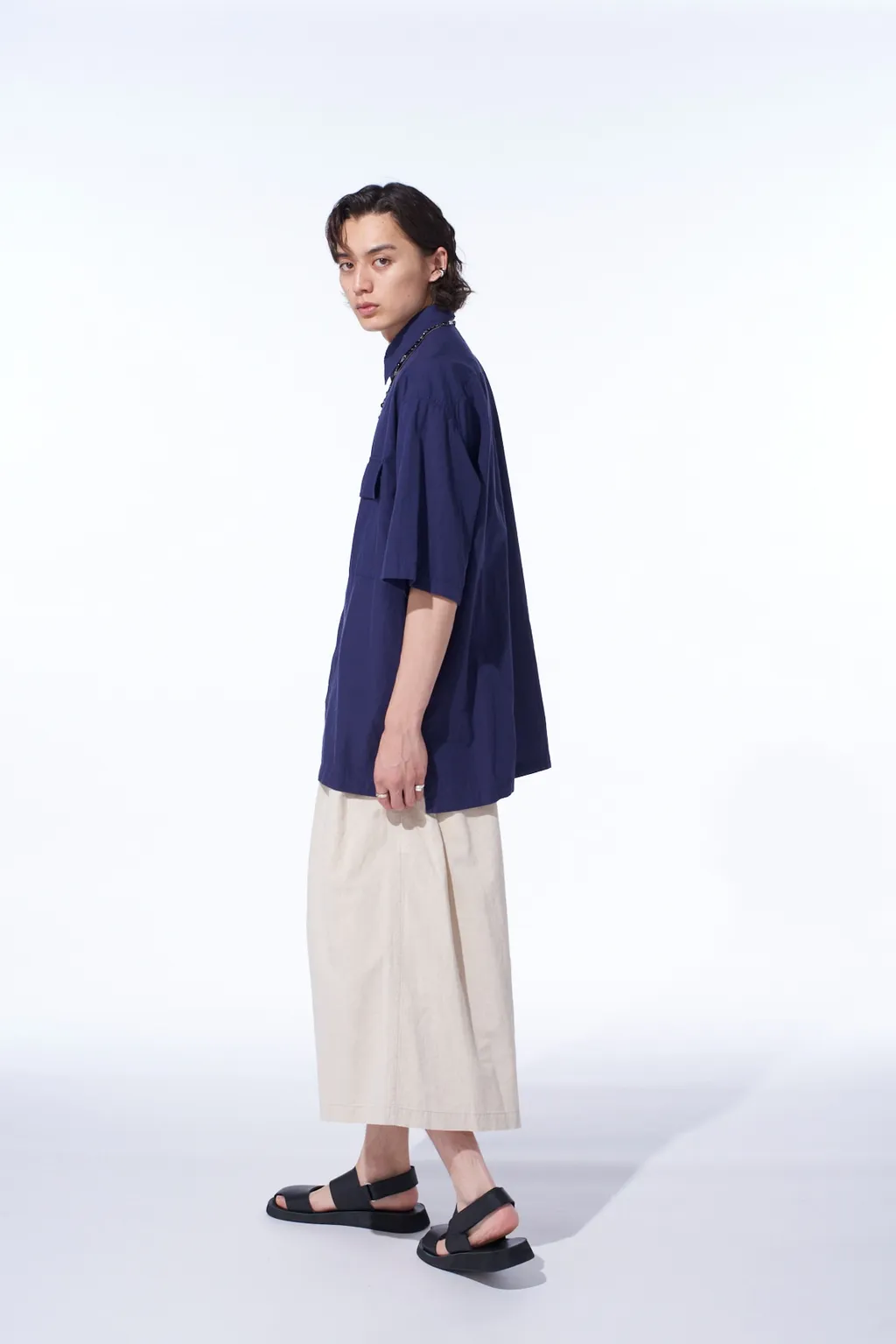 Broadcloth Chambray Flap Pockets Oversized Short-Sleeve Shirt