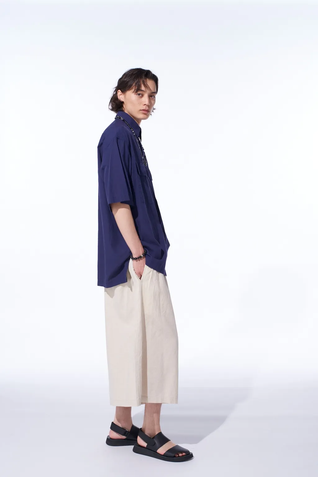 Broadcloth Chambray Flap Pockets Oversized Short-Sleeve Shirt