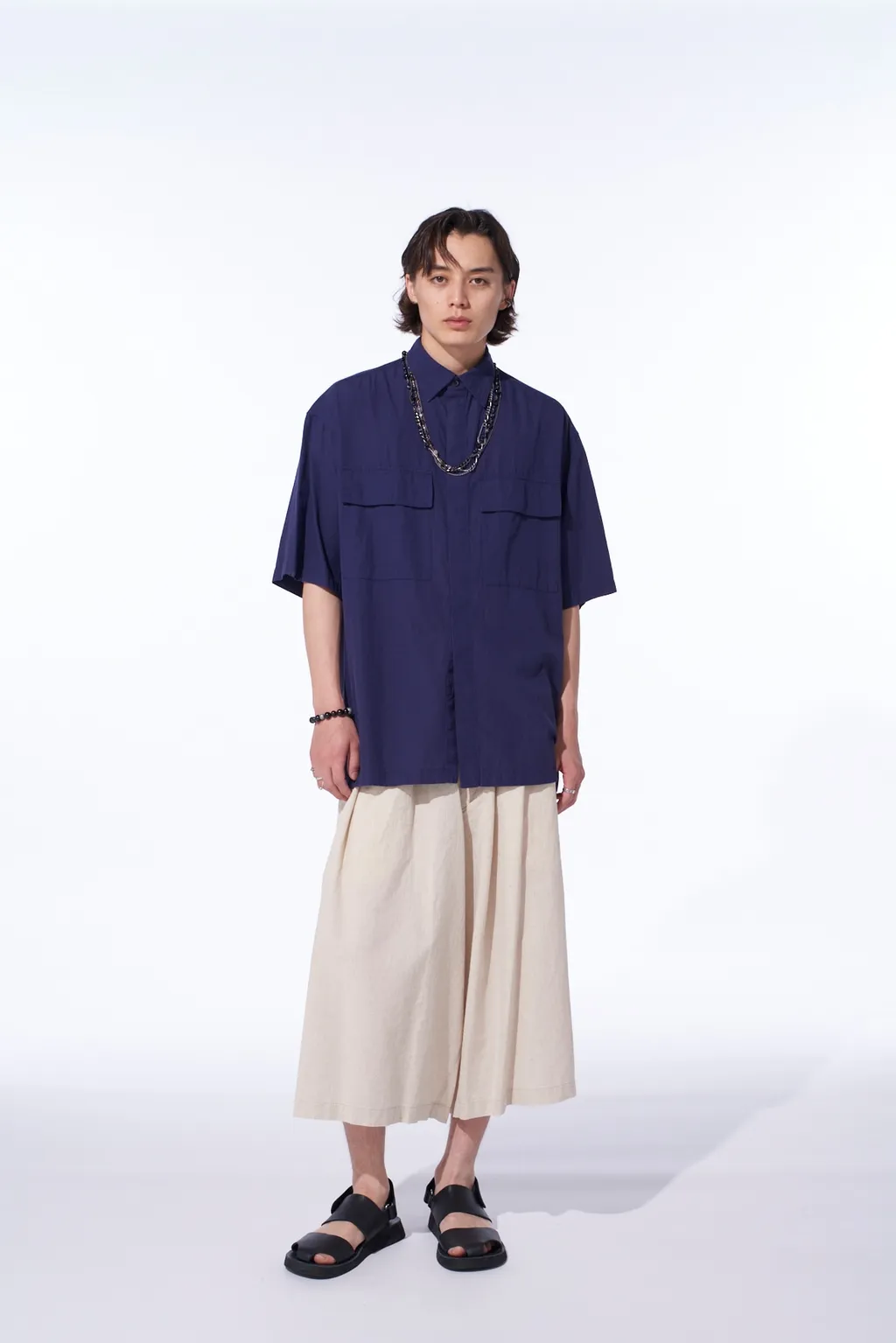 Broadcloth Chambray Flap Pockets Oversized Short-Sleeve Shirt