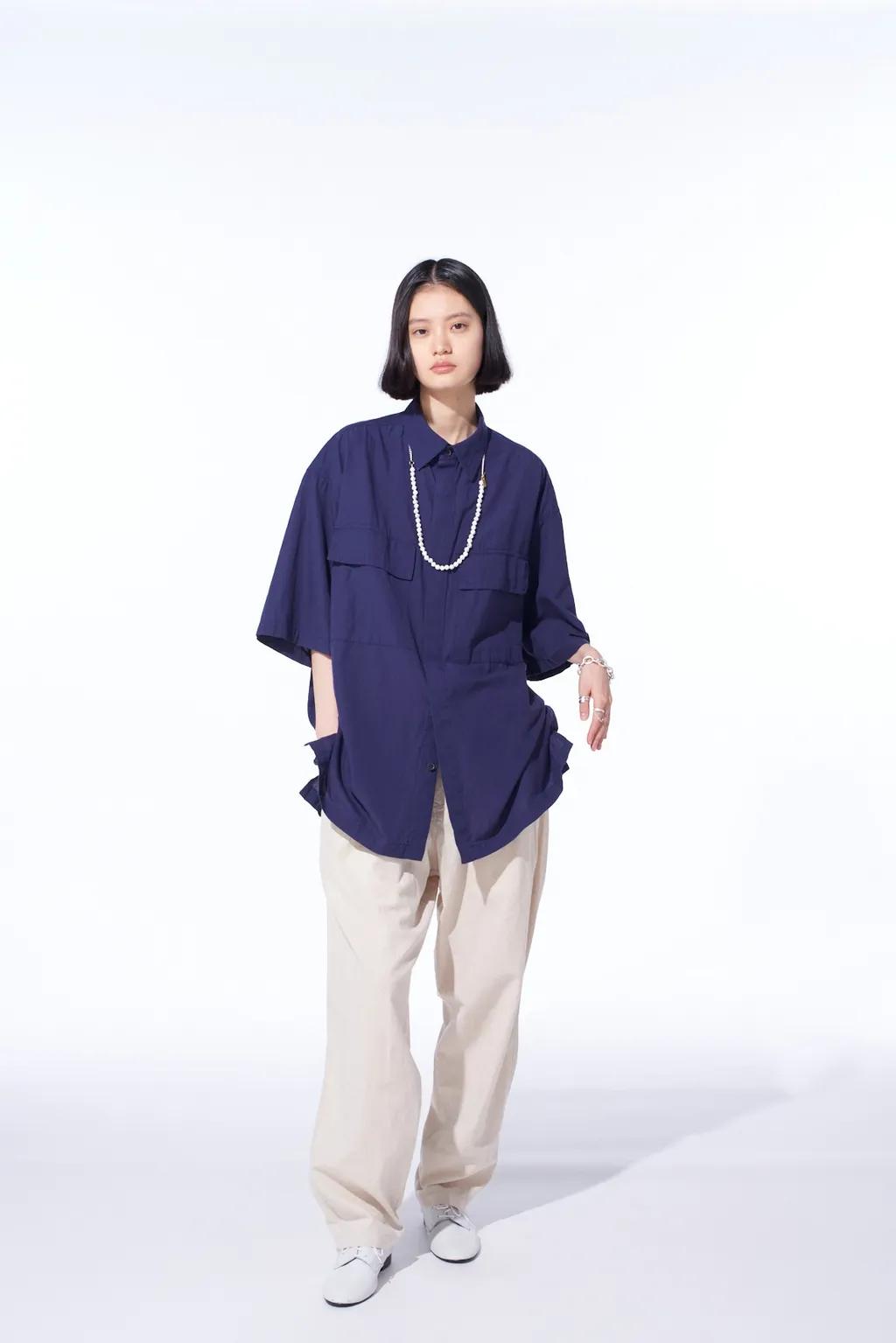 Broadcloth Chambray Flap Pockets Oversized Short-Sleeve Shirt