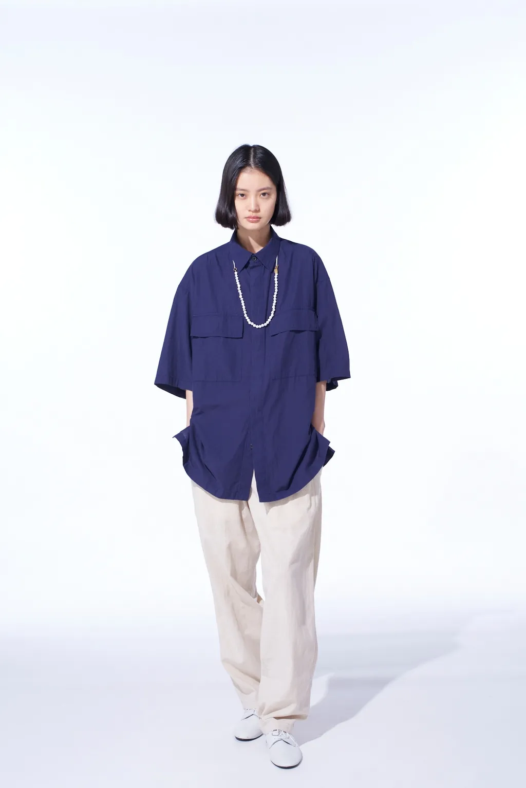 Broadcloth Chambray Flap Pockets Oversized Short-Sleeve Shirt