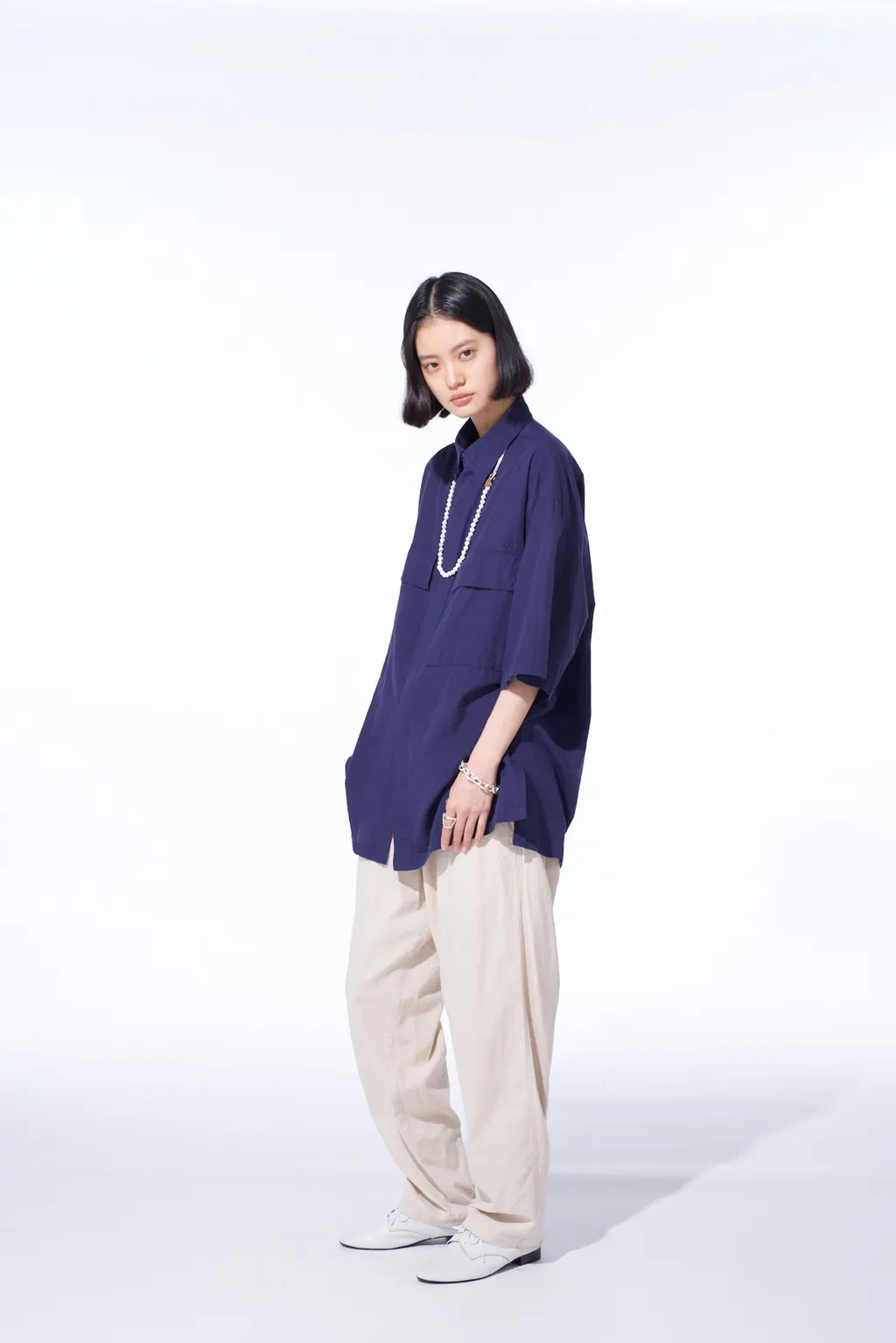 Broadcloth Chambray Flap Pockets Oversized Short-Sleeve Shirt