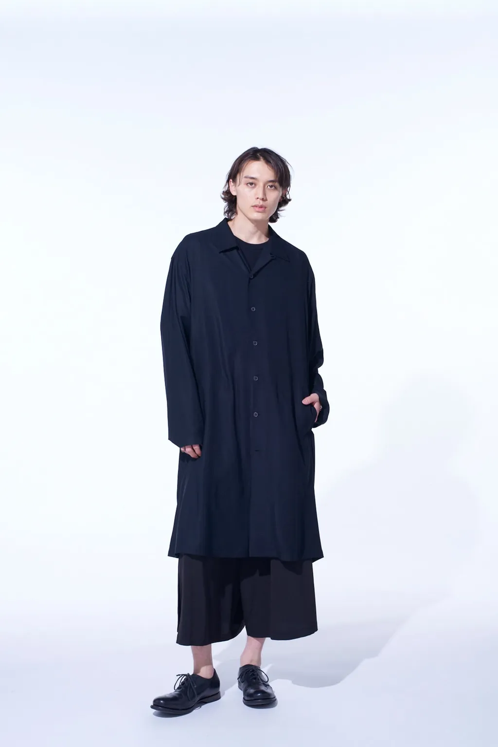 Rayon Twill Open-Collar Long Shirt