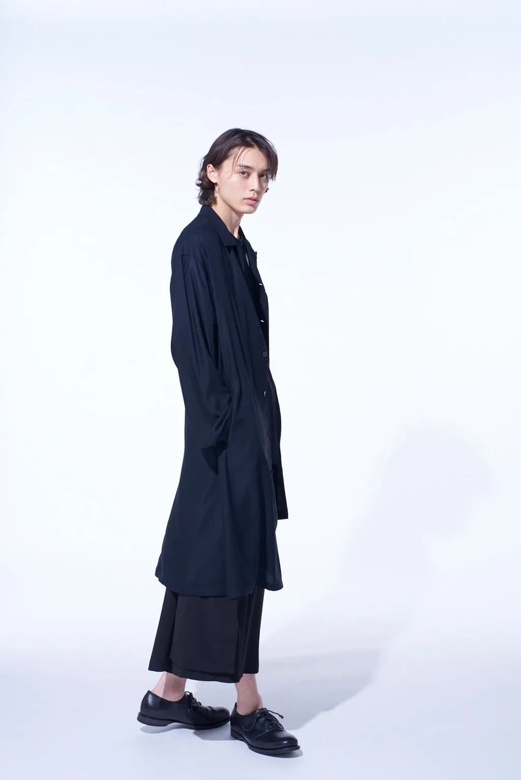 Rayon Twill Open-Collar Long Shirt