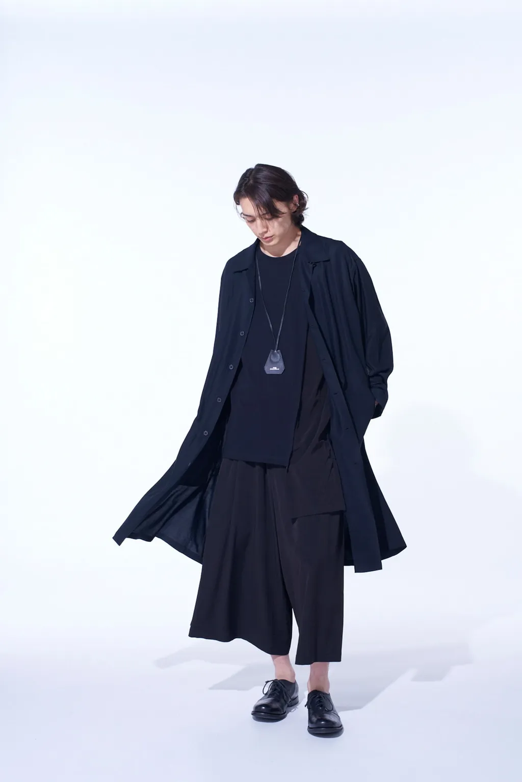 Rayon Twill Open-Collar Long Shirt