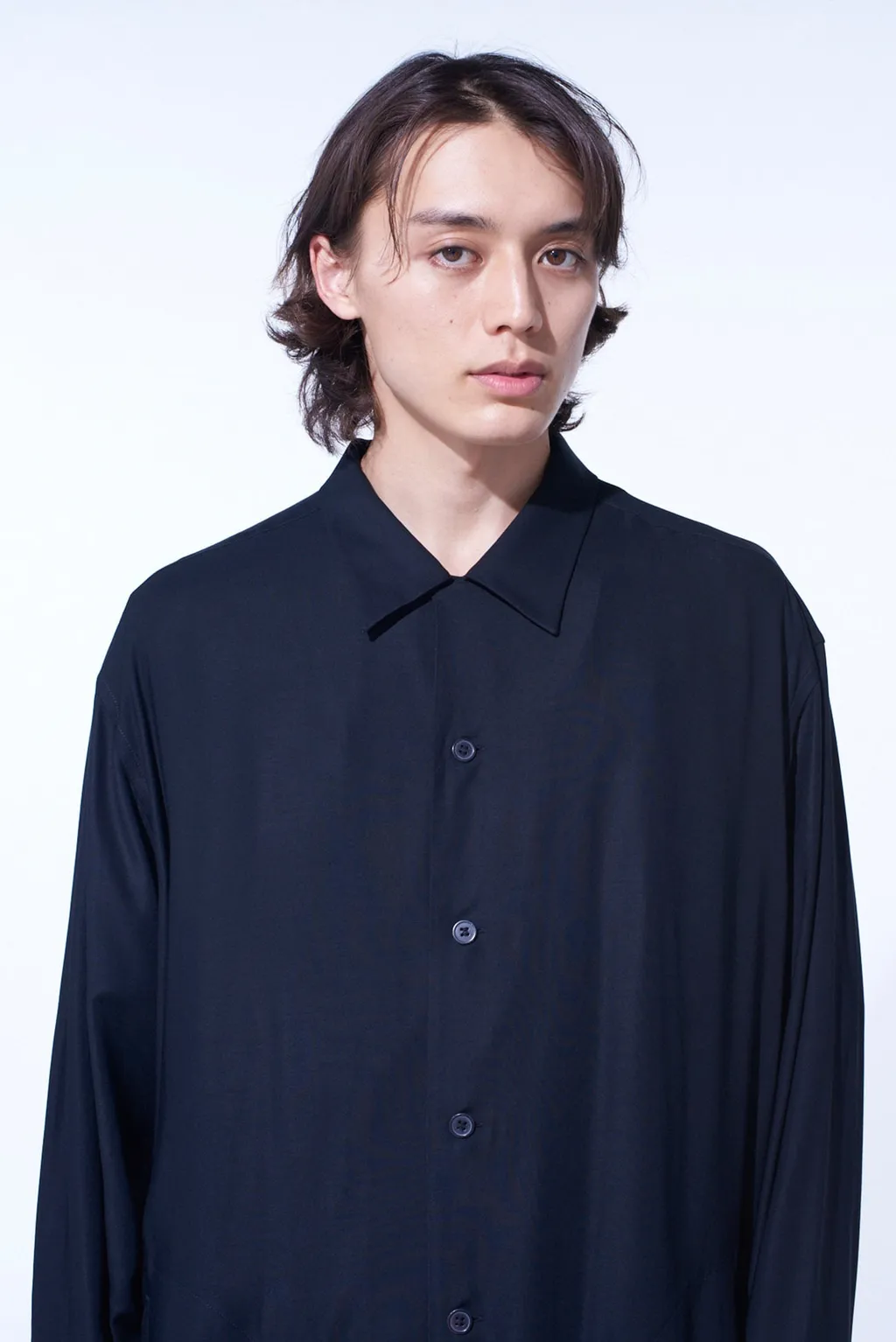 Rayon Twill Open-Collar Long Shirt