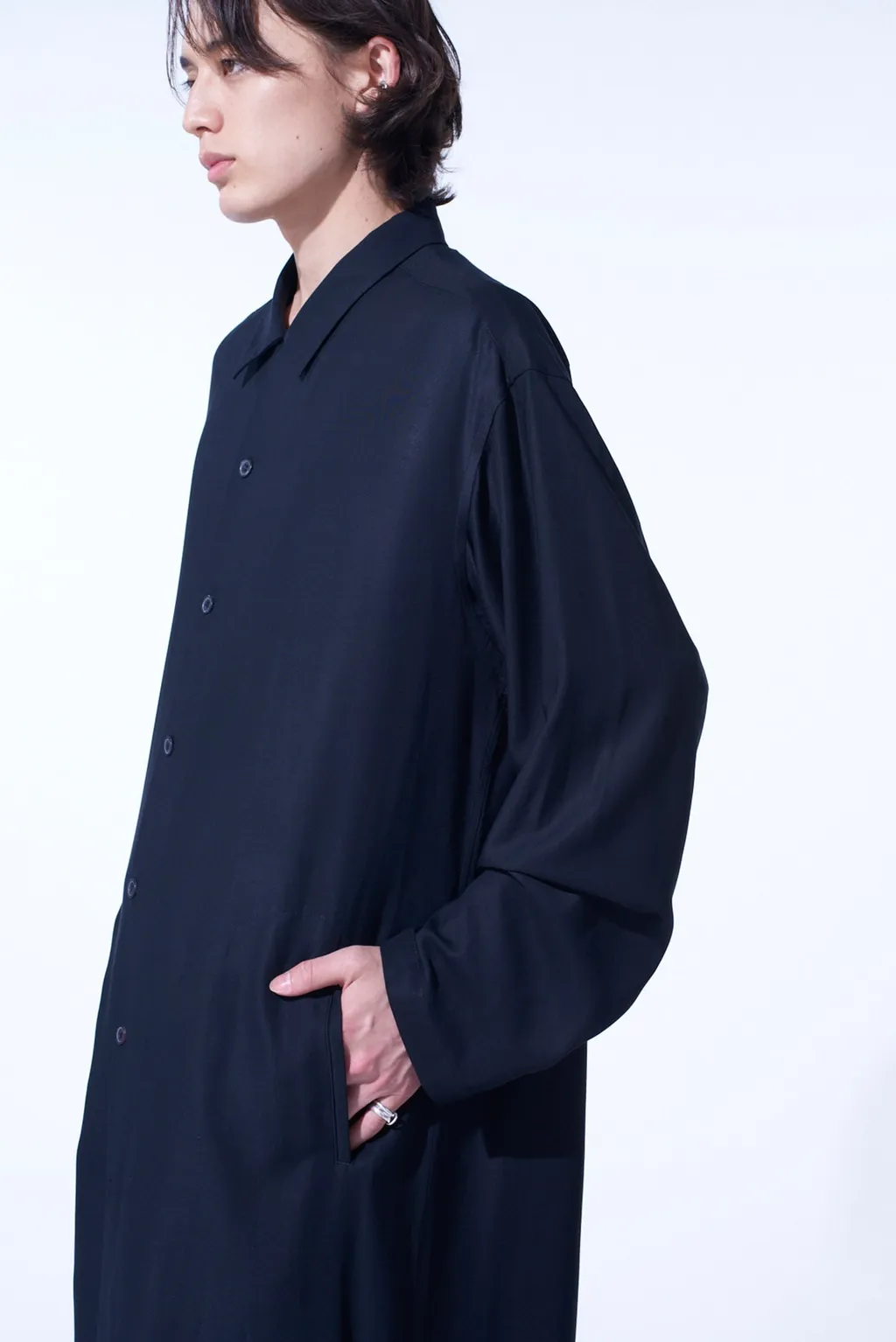 Rayon Twill Open-Collar Long Shirt