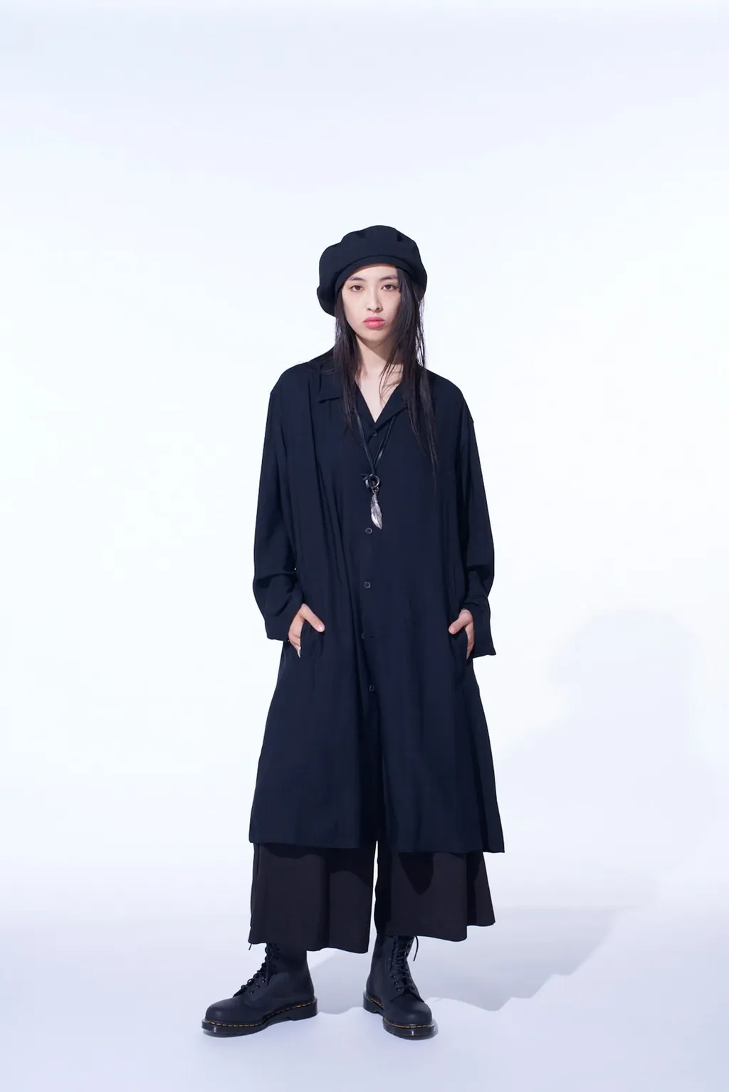 Rayon Twill Open-Collar Long Shirt
