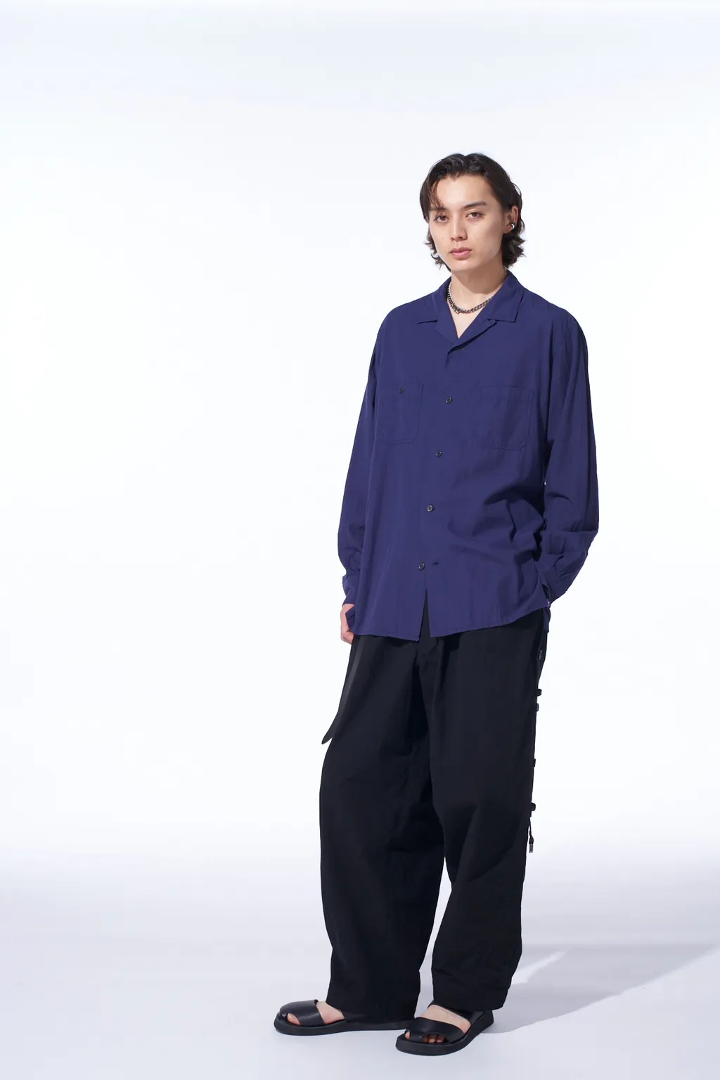 Broadcloth Chambray Loose-Fit Open Collar Shirt