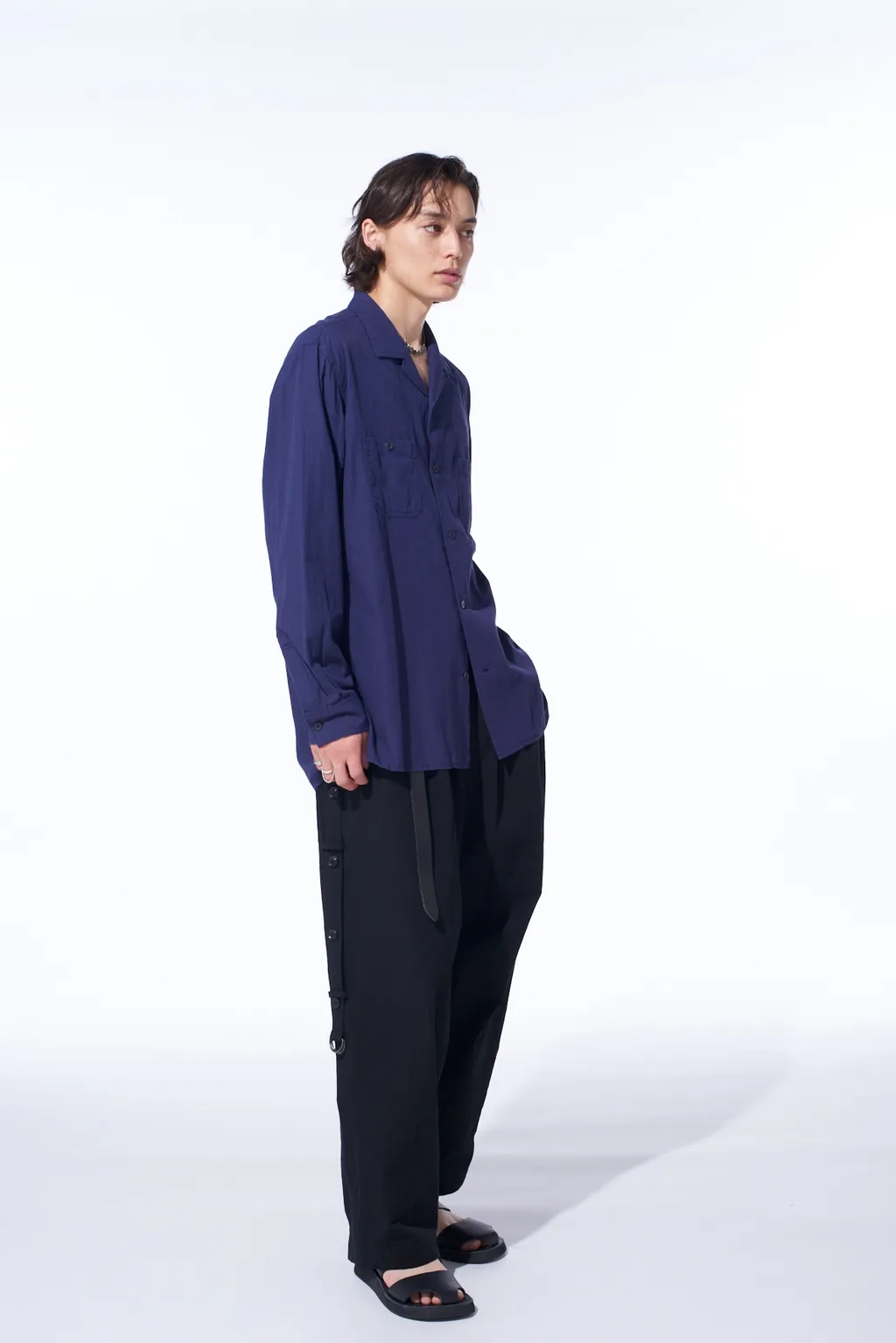 Broadcloth Chambray Loose-Fit Open Collar Shirt
