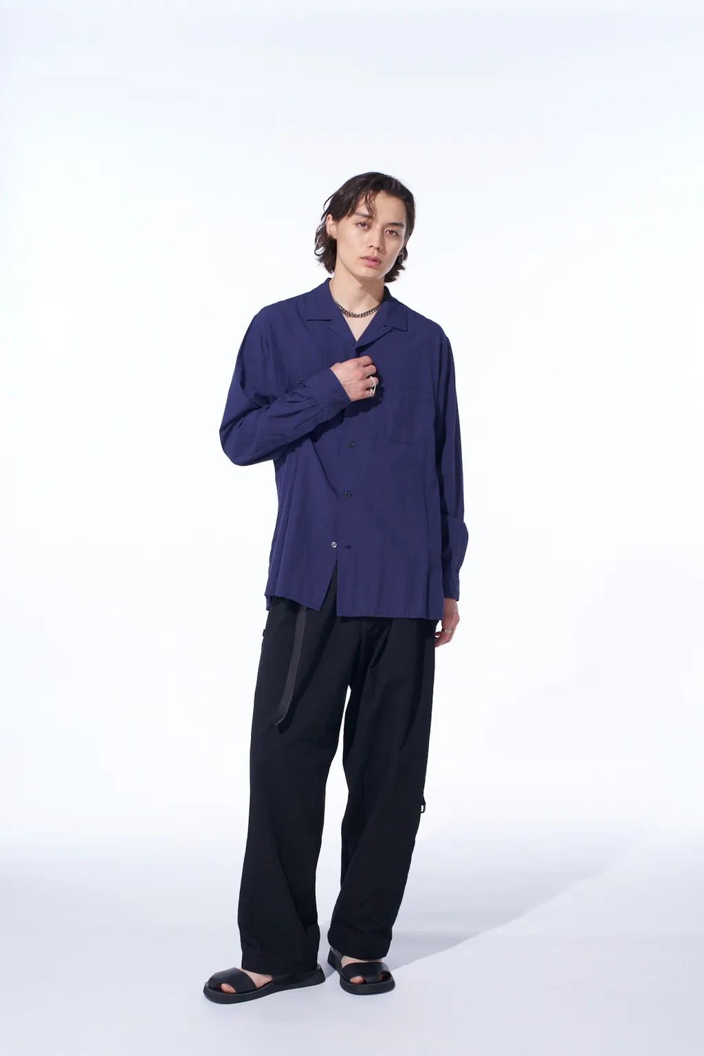 Broadcloth Chambray Loose-Fit Open Collar Shirt