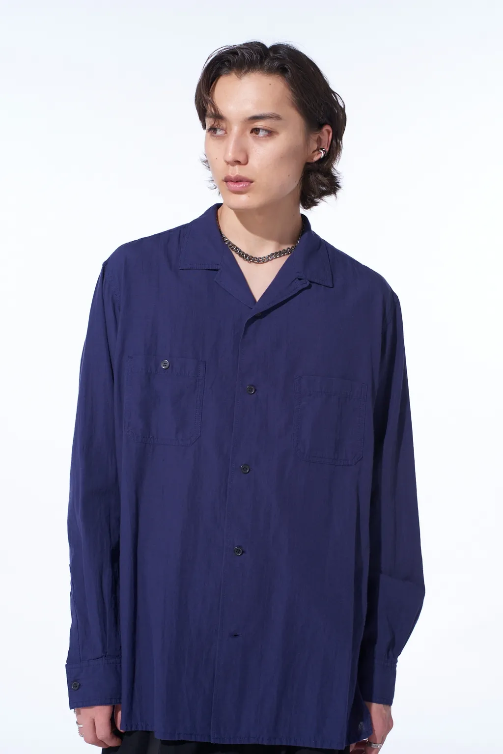 Broadcloth Chambray Loose-Fit Open Collar Shirt