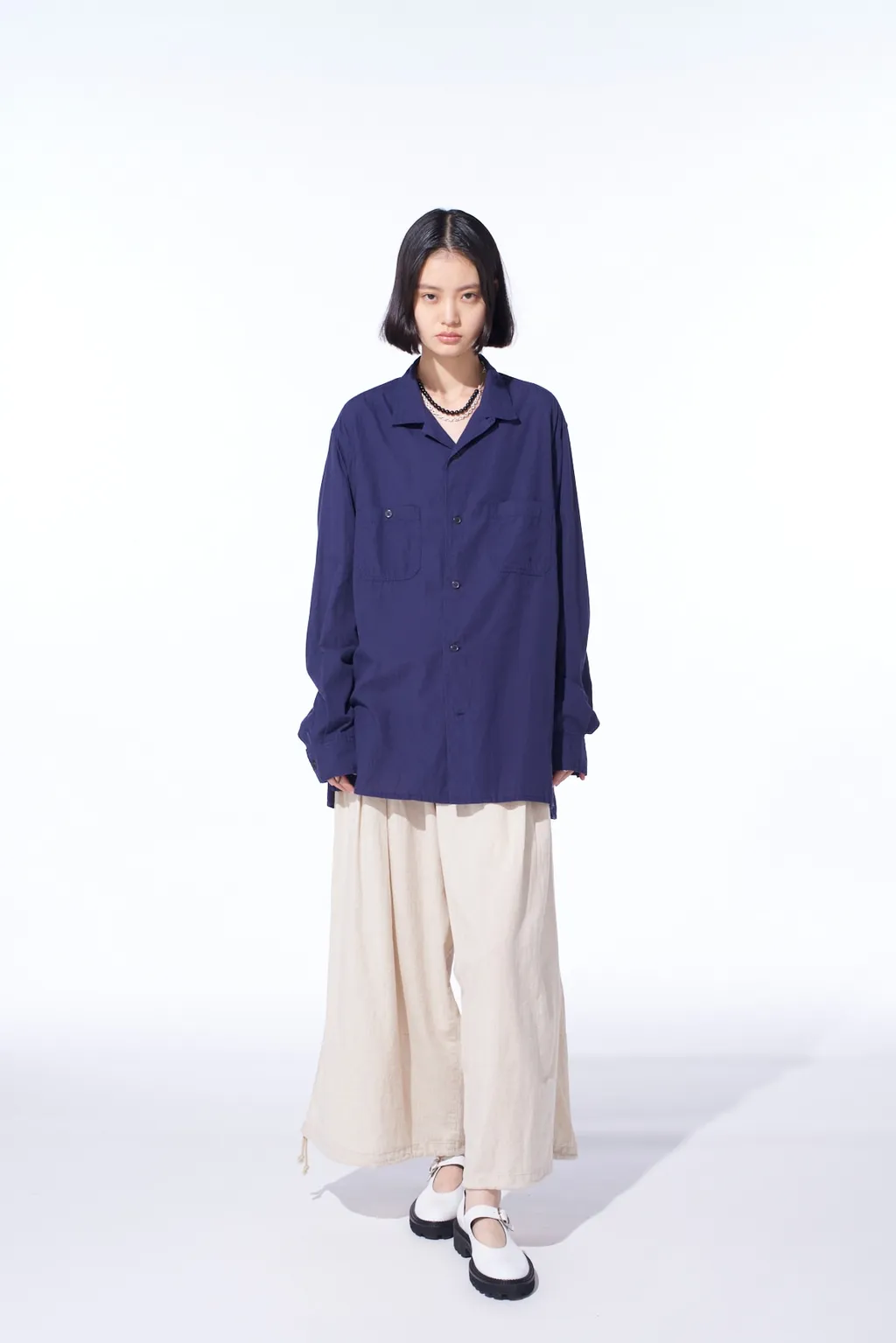 Broadcloth Chambray Loose-Fit Open Collar Shirt