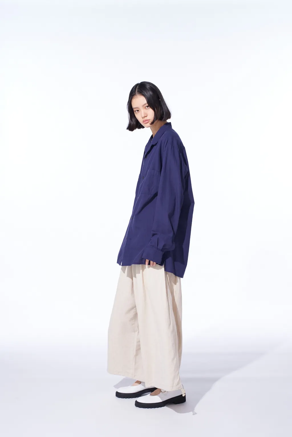 Broadcloth Chambray Loose-Fit Open Collar Shirt