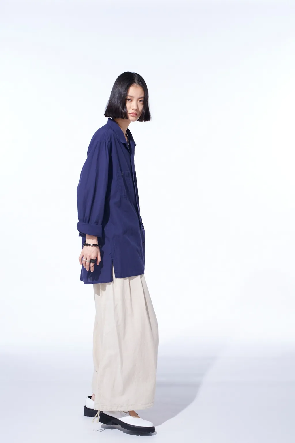 Broadcloth Chambray Loose-Fit Open Collar Shirt