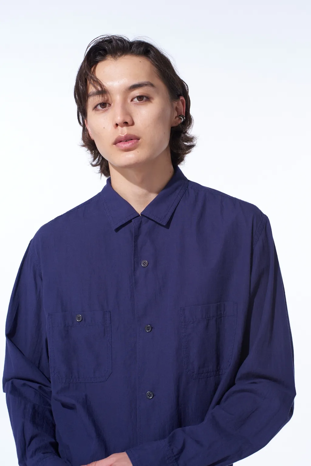 Broadcloth Chambray Loose-Fit Open Collar Shirt