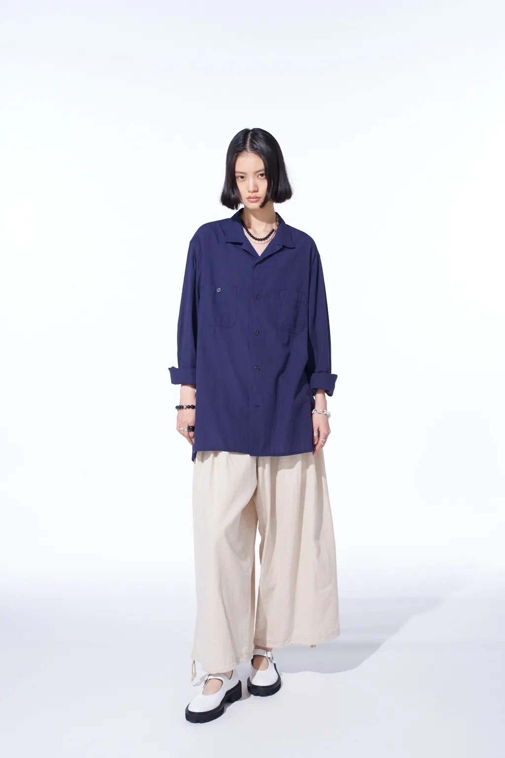 Broadcloth Chambray Loose-Fit Open Collar Shirt