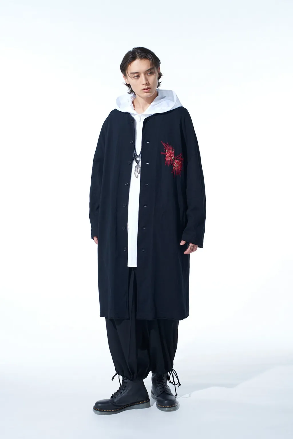 Classic Jersey Tyrolean Embroidery Collarless Long Cardigan