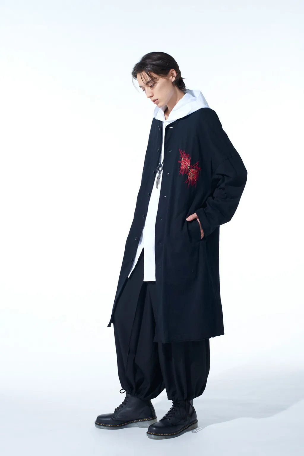 Classic Jersey Tyrolean Embroidery Collarless Long Cardigan