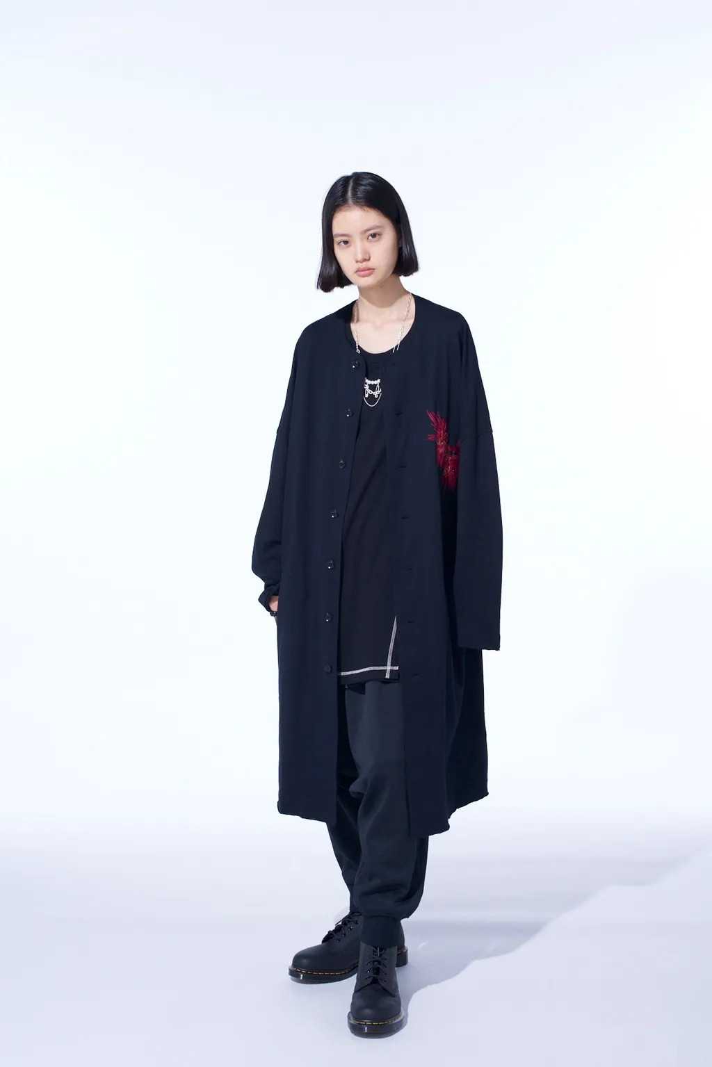 Classic Jersey Tyrolean Embroidery Collarless Long Cardigan