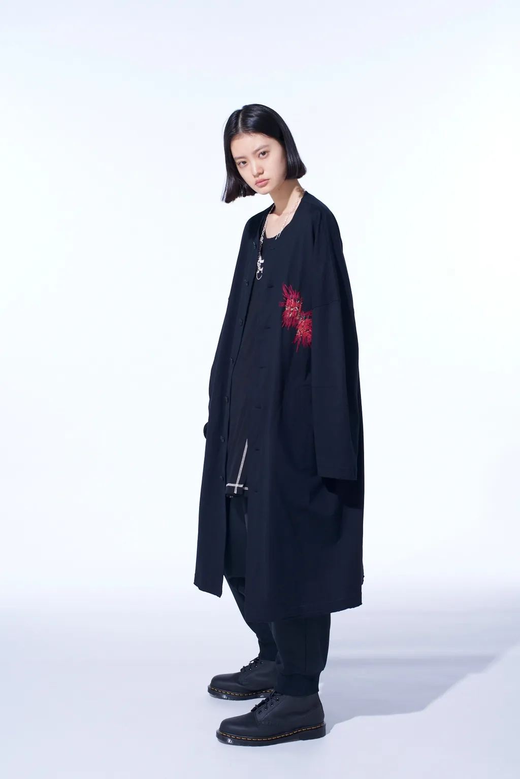 Classic Jersey Tyrolean Embroidery Collarless Long Cardigan
