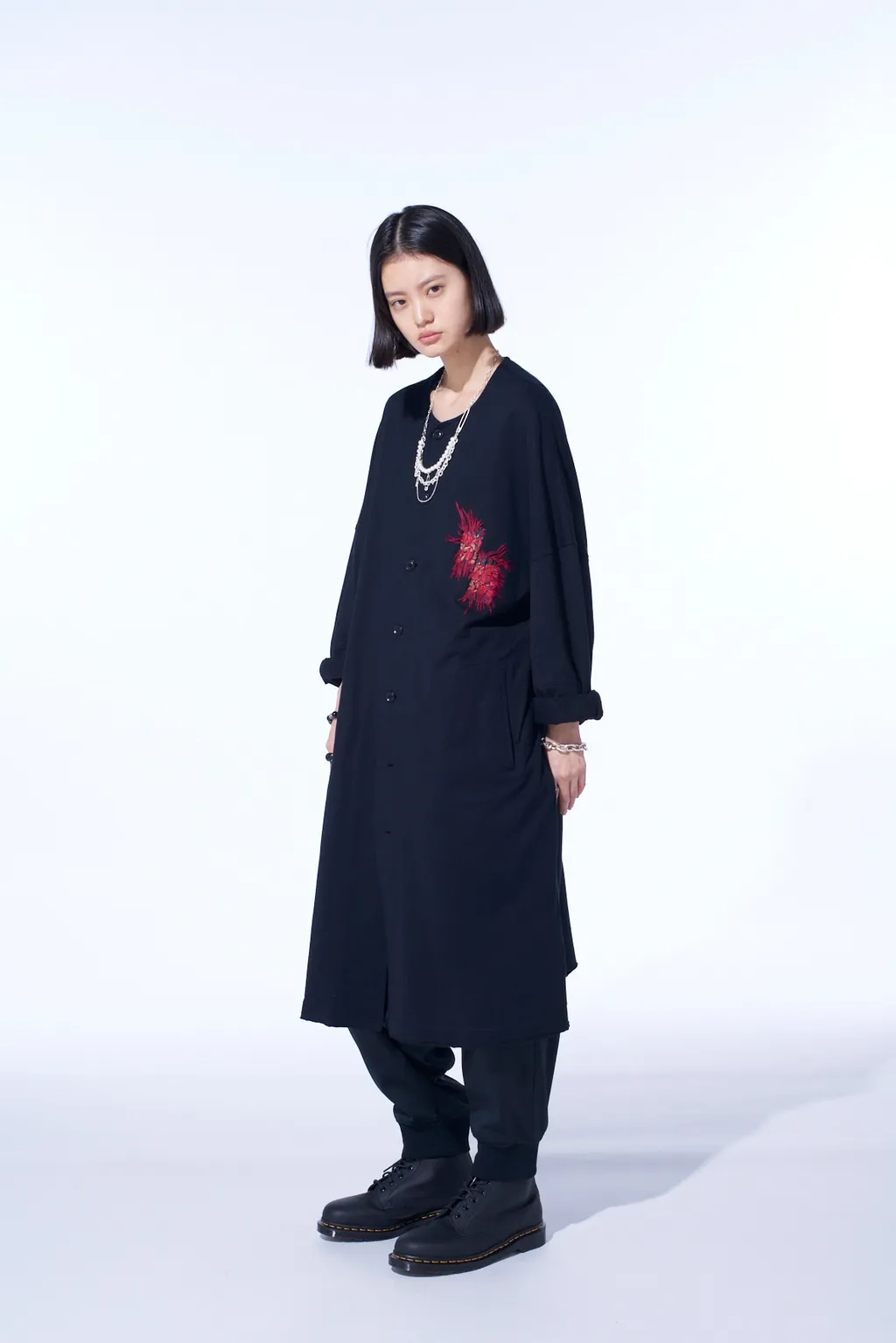 Classic Jersey Tyrolean Embroidery Collarless Long Cardigan