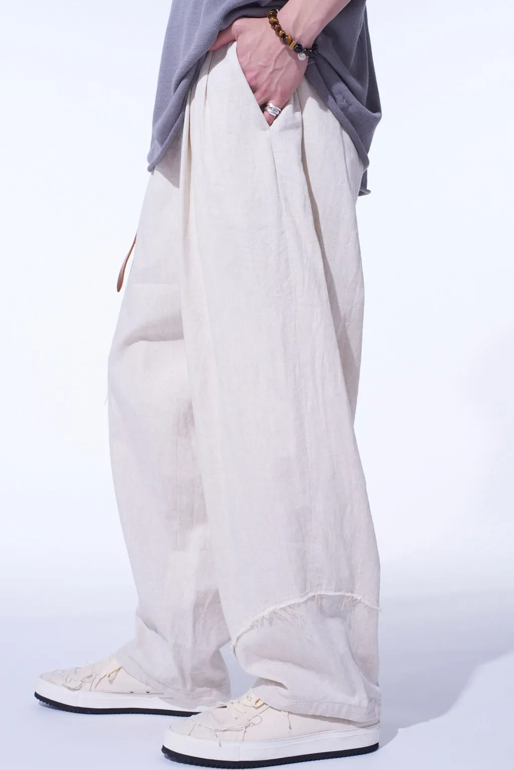 Linen/Cotton Herringbone Zigzag Cut-Out Pants