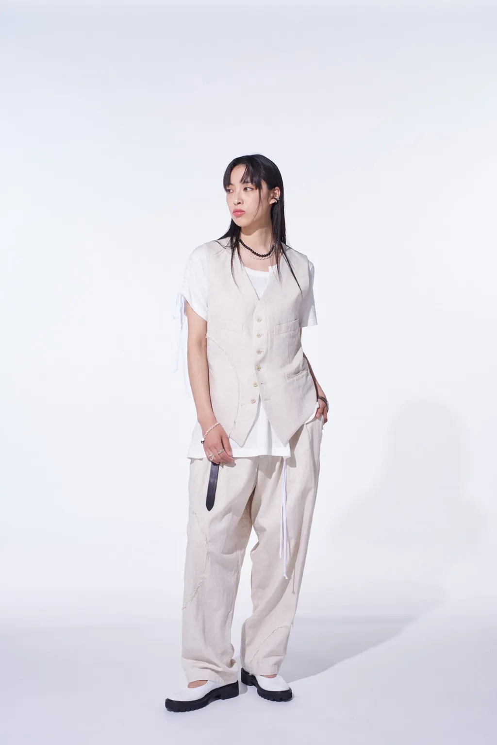 Linen/Cotton Herringbone Zigzag Cut-Out Pants