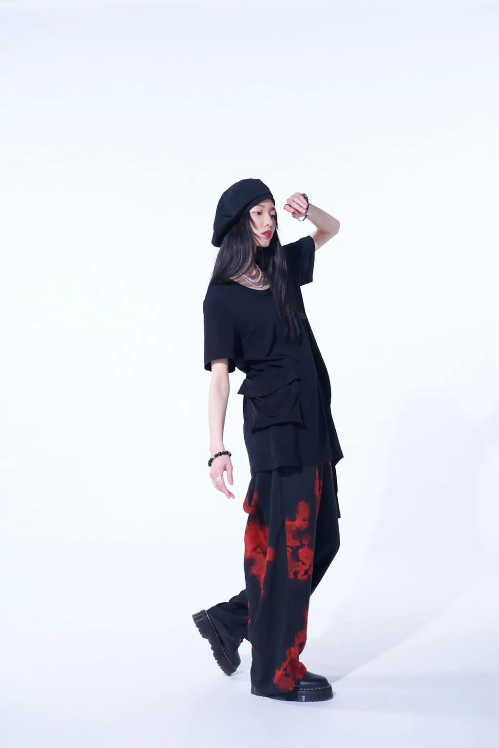 Soft Jersey+Crepe De Chine Pocket Side Slit Knot T-Shirt